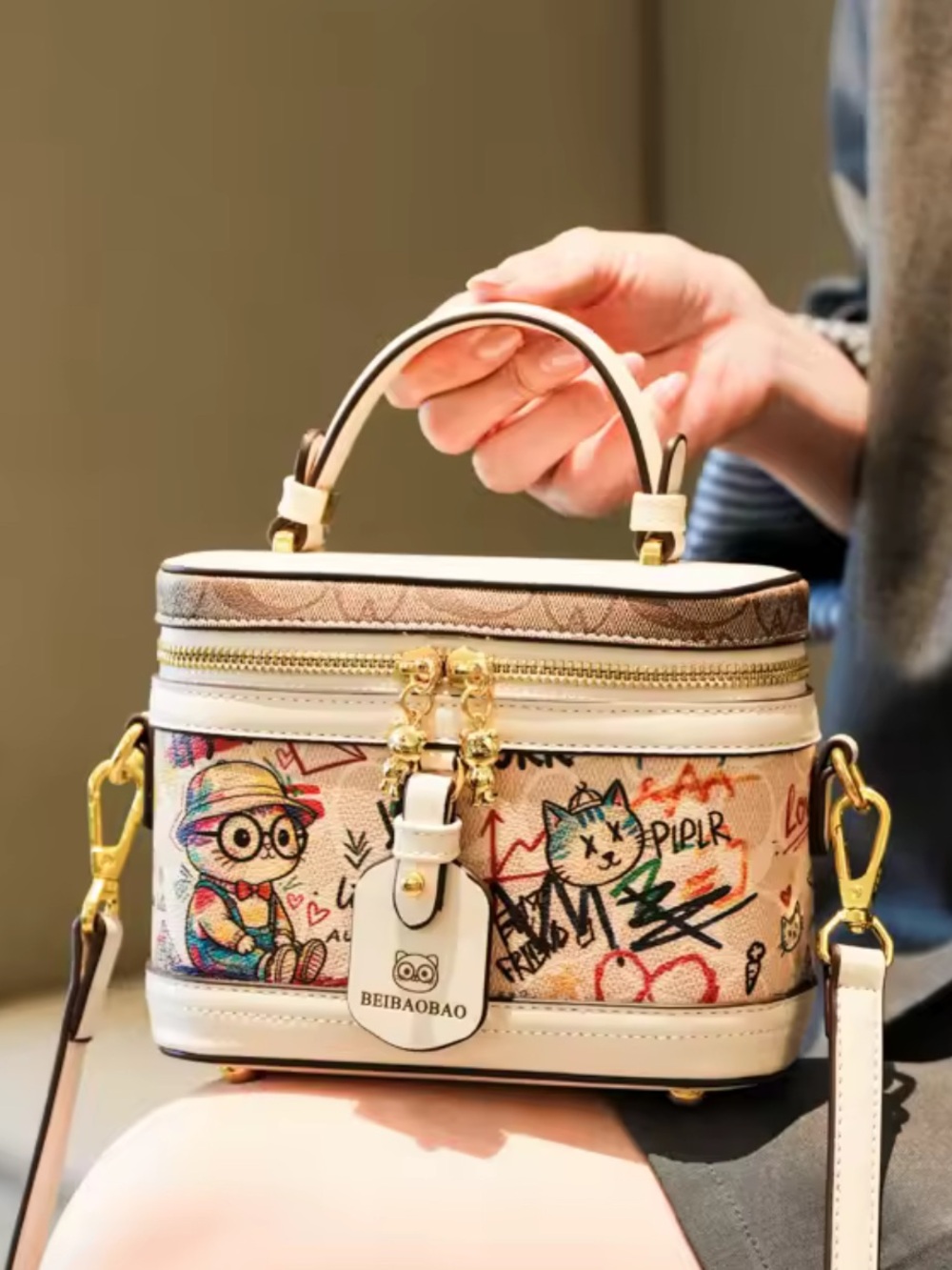 Others Follow Beige Graffiti Mini Top-Handle Crossbody Bag